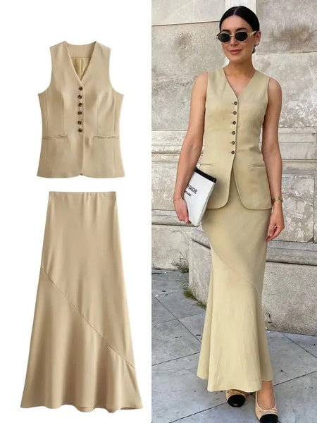 Cynthia Statement Vest Suit with Skirt In Beige - lifestyle shot on model with flat-lay product shot, beige - Miss Mosa By Akanksha