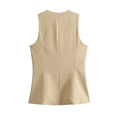 Cynthia Statement Vest Suit with Skirt In Beige - back flat-lay product shot, beige - Miss Mosa By Akanksha