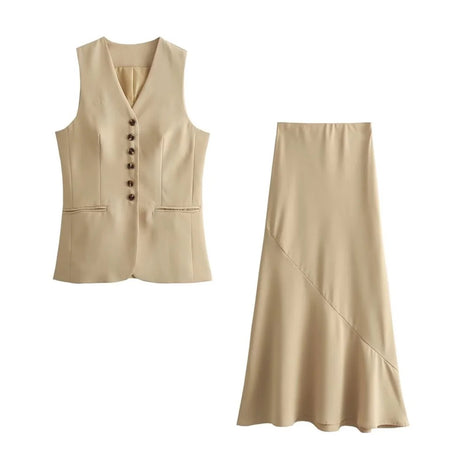 Cynthia Statement Vest Suit with Skirt In Beige - flat-lay product shot, beige - Miss Mosa By Akanksha