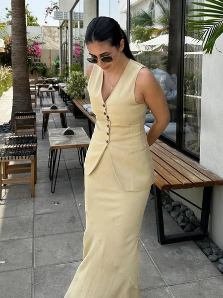 Cynthia Statement Vest Suit with Skirt In Beige - full-length shot on model, beige - Miss Mosa By Akanksha