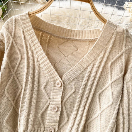 Cyra Premium Woolen Sweater Set In Beige - close-up of neckline and buttons - Miss Mosa By Akanksha