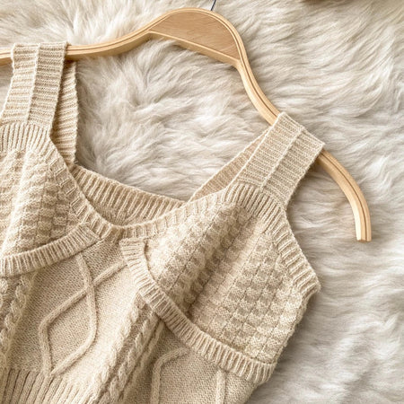 Cyra Premium Woolen Sweater Set In Beige - close-up product shot on hanger - Miss Mosa By Akanksha