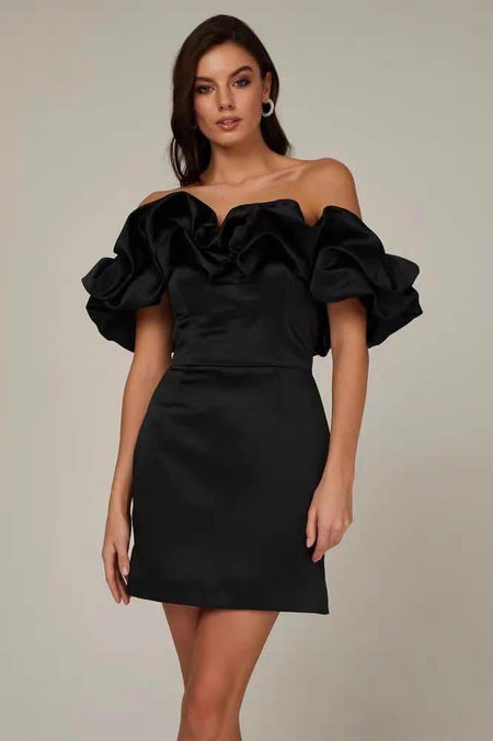 Cyrene Ruffle Off Shoulder Dress - front shot on model, black - Miss Mosa By Akanksha