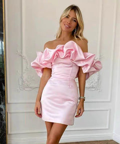 Cyrene Ruffle Off Shoulder Dress - front shot on model, pink - Miss Mosa By Akanksha