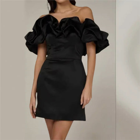 Cyrene Ruffle Off Shoulder Dress - front shot on model, black - Miss Mosa By Akanksha