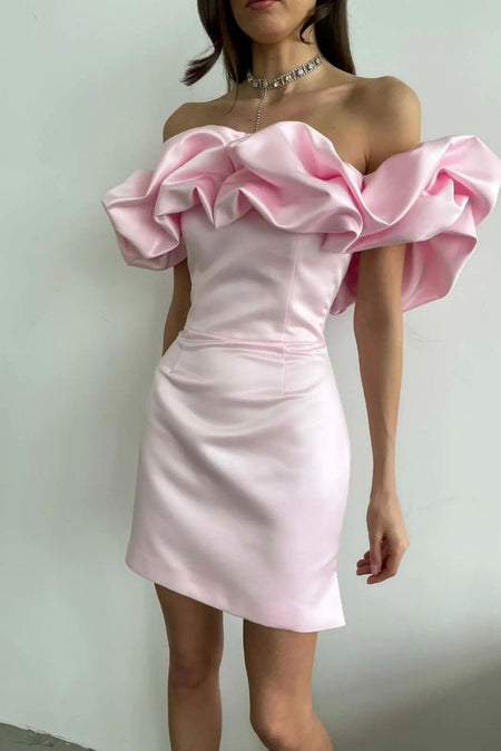 Cyrene Ruffle Off Shoulder Dress - front shot on model, pink - Miss Mosa By Akanksha