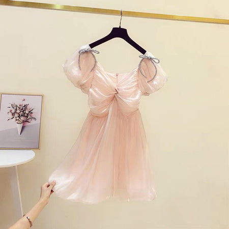 Cyzarine Party Dress In Peach - full-length front shot on hanger - Miss Mosa By Akanksha