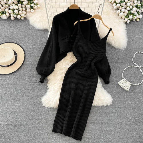Dalla Woolen Dress with Cape Sweater In Black
