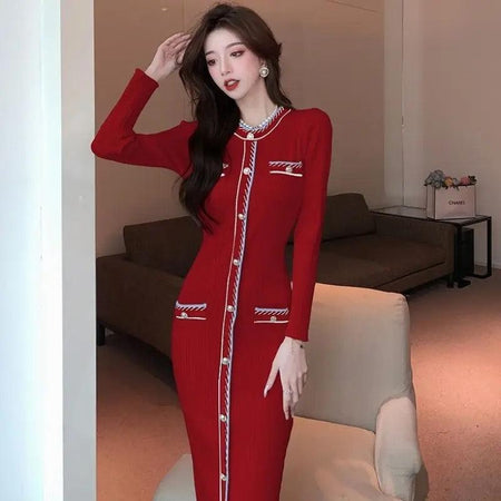 Maroon - Reller Vintage Woolen Bodycon Dress