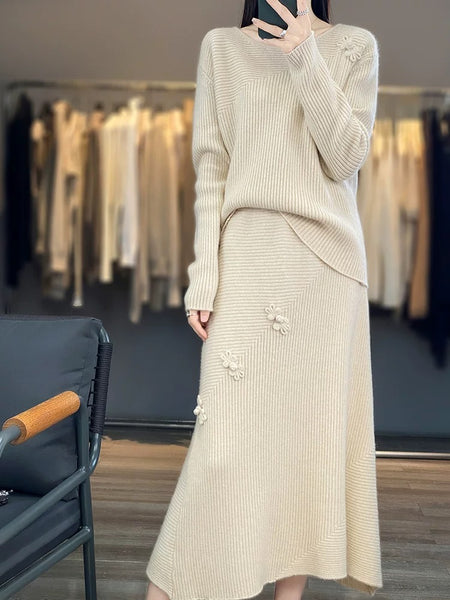 Beige - Amaya Winter Coord Set - Set of Sweater and Skirt