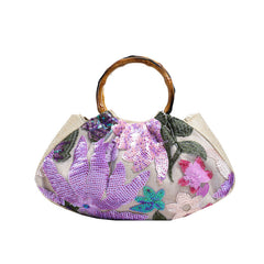Dabel Embroidered Hand Bag - front shot, beige with lilac and pink floral sequins - Miss Mosa By Akanksha