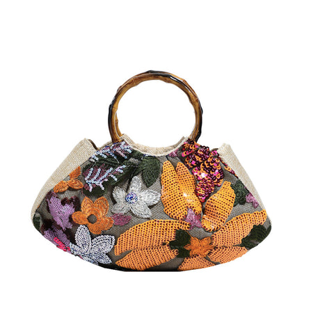 Dabel Embroidered Hand Bag - front shot, beige with orange and multicoloured floral sequins - Miss Mosa By Akanksha