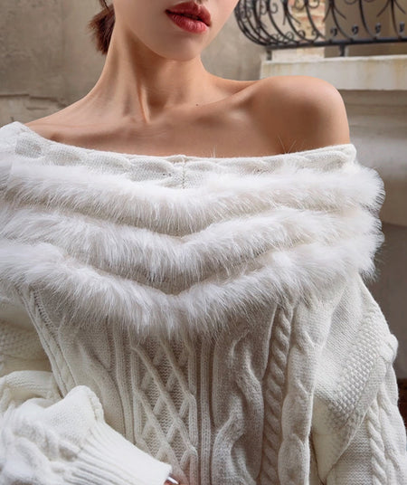 Dafne Fur Sweater - close-up shot of fur neckline on model, off-white - Miss Mosa By Akanksha