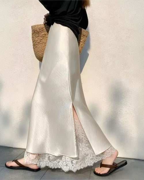 Dagny Satin Lace Midi Skirt - worn side shot, cream with cream lace - Miss Mosa By Akanksha