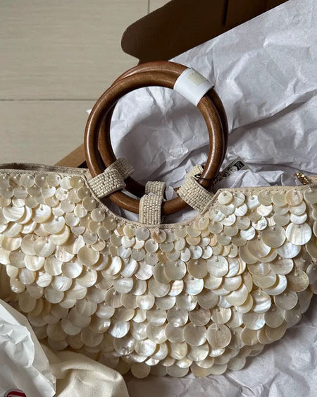 Daisy Sequin Hand Bag With Chain - front shot, ivory shell sequins with wooden ring handles - Miss Mosa By Akanksha