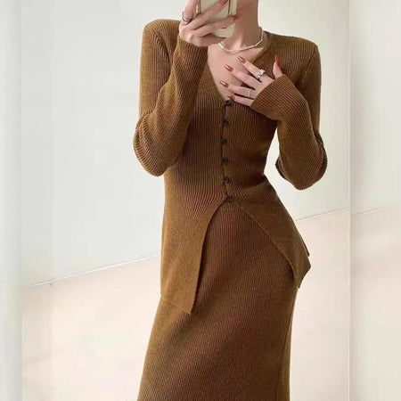 Dakota Winter Coord Set -Set Of Sweater And Skirt - front shot on model in mirror, brown - Miss Mosa By Akanksha