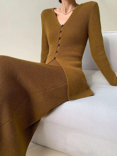 Dakota Winter Coord Set -Set Of Sweater And Skirt - seated shot on model, mustard - Miss Mosa By Akanksha