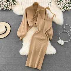 Dalla Woolen Dress with Cape Sweater - flat-lay shot of sweater and slip dress, beige - Miss Mosa By Akanksha