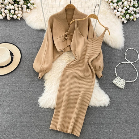 Dalla Woolen Dress with Cape Sweater - flat-lay shot of sweater and slip dress, beige - Miss Mosa By Akanksha