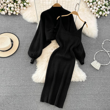 Dalla Woolen Dress with Cape Sweater - flat-lay shot of sweater and slip dress, black - Miss Mosa By Akanksha