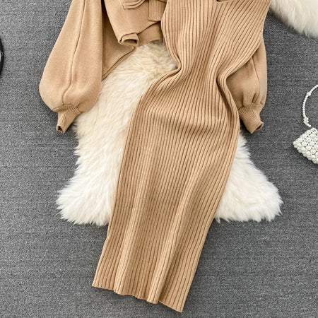 Dalla Woolen Dress with Cape Sweater - flat-lay close-up of ribbed dress, beige - Miss Mosa By Akanksha