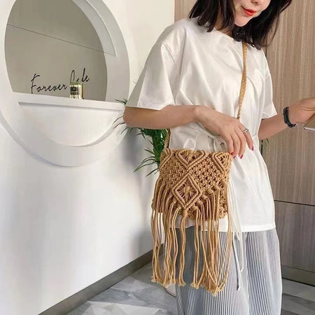 Dame Summer Jute Bag - lifestyle shot on model, tan - Miss Mosa By Akanksha