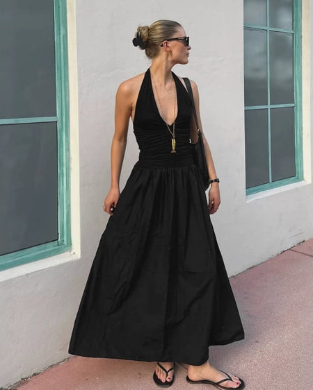 Damsel Halterneck Maxi Dress - full-length side shot, black - Miss Mosa By Akanksha