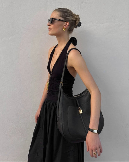Damsel Halterneck Maxi Dress - side detail shot, black - Miss Mosa By Akanksha