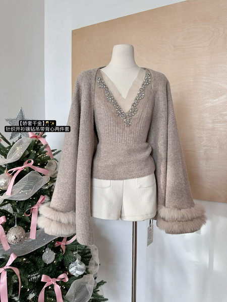 Danica Top With Fur Cape Sweater - product shot on mannequin, taupe - Miss Mosa By Akanksha