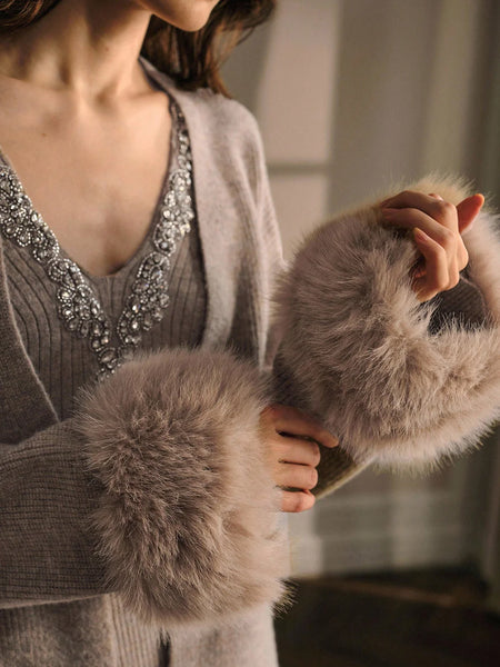 Danica Top With Fur Cape Sweater - close-up of fur cuff and embellished neckline detail, taupe - Miss Mosa By Akanksha