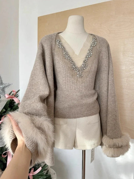 Danica Top With Fur Cape Sweater - product shot on mannequin, taupe - Miss Mosa By Akanksha
