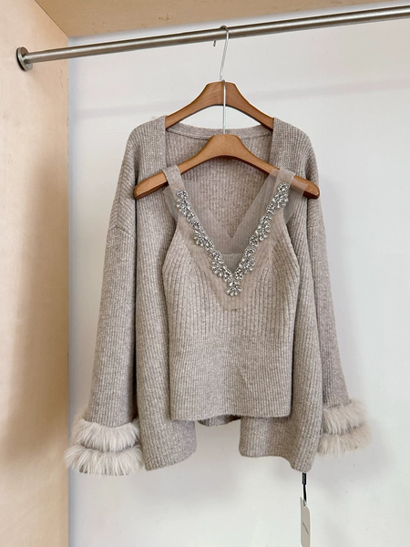Danica Top With Fur Cape Sweater - product shot on hanger, taupe - Miss Mosa By Akanksha
