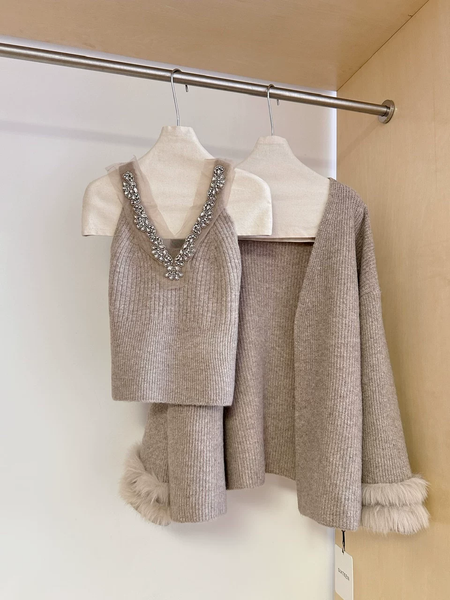 Danica Top With Fur Cape Sweater - product shot on hangers, taupe - Miss Mosa By Akanksha
