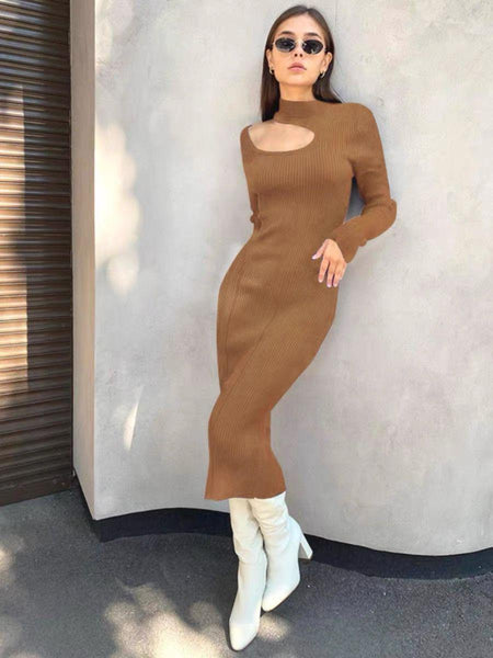 Daniel Woolen Bodycon Dress - full-length shot on model, brown - Miss Mosa By Akanksha