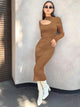 Daniel Woolen Bodycon Dress - full-length shot on model, brown - Miss Mosa By Akanksha
