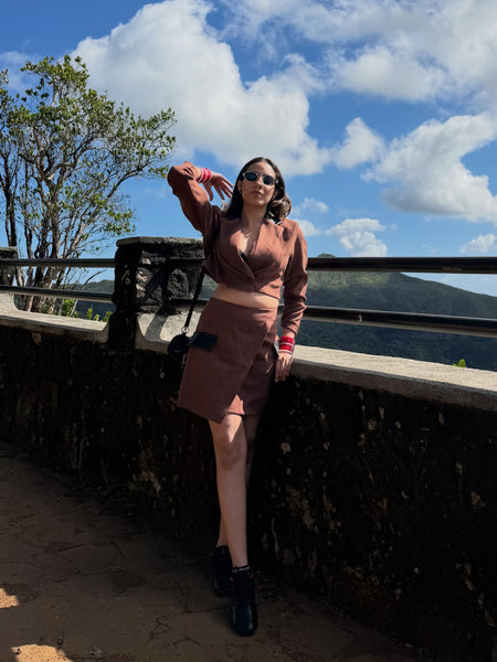 Dante Luxe Coord Skirt Set - full-length front shot, brown - Miss Mosa By Akanksha