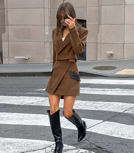 Dante Luxe Coord Skirt Set - full-length walking shot, brown - Miss Mosa By Akanksha