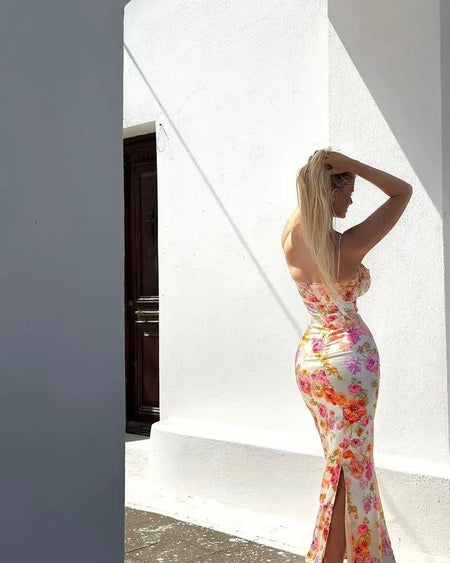 Danube Bodycon Formal Maxi Dress - back shot on model, multicolour - Miss Mosa By Akanksha