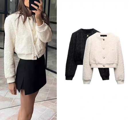 Darcel Woolen Tweed Jacket - front shot product shot, off-white and black - Miss Mosa By Akanksha