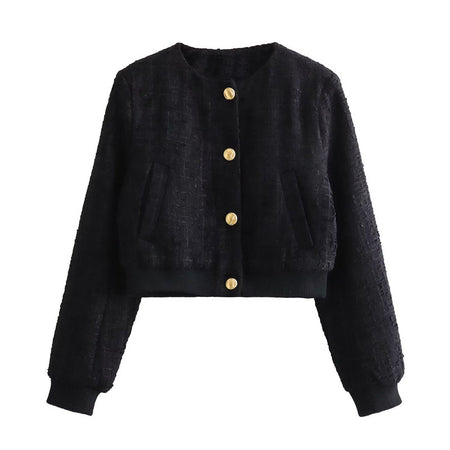Darcel Woolen Tweed Jacket - front shot product shot, black - Miss Mosa By Akanksha