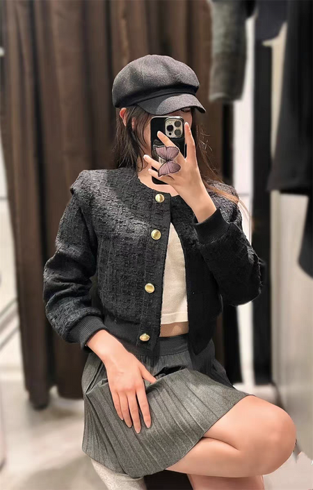 Darcel Woolen Tweed Jacket - front shot on model, black - Miss Mosa By Akanksha