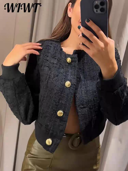 Darcel Woolen Tweed Jacket - front shot on model, black - Miss Mosa By Akanksha