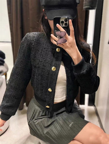 Darcel Woolen Tweed Jacket - front shot on model, black - Miss Mosa By Akanksha