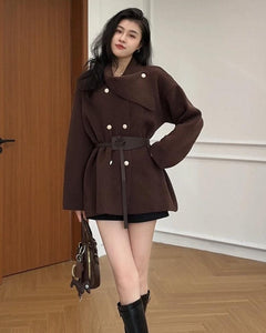 Darcie Winter Coat With Belt - front shot on model, brown - Miss Mosa By Akanksha