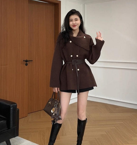 Darcie Winter Coat With Belt - full-length shot on model, brown - Miss Mosa By Akanksha