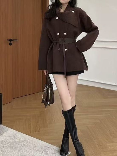 Darcie Winter Coat With Belt - front shot on model, brown - Miss Mosa By Akanksha