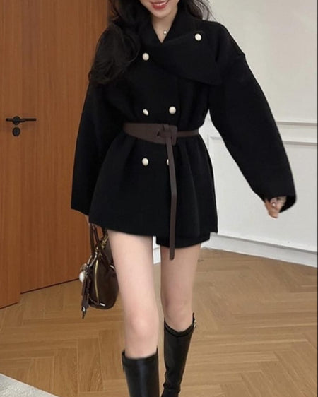 Darcie Winter Coat With Belt - front shot on model, black - Miss Mosa By Akanksha