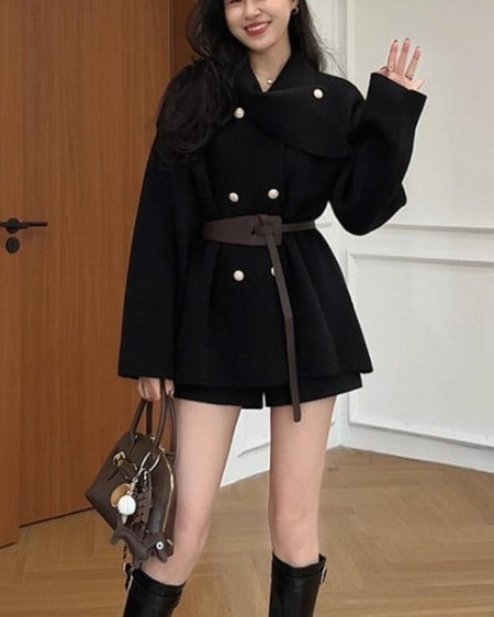 Darcie Winter Coat With Belt - front shot on model, black - Miss Mosa By Akanksha