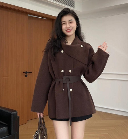 Darcie Winter Coat With Belt - front shot on model, brown - Miss Mosa By Akanksha