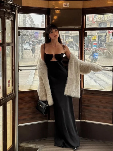 Dary Holiday Statement Satin Maxi Dress - lifestyle shot on model, black - Miss Mosa By Akanksha